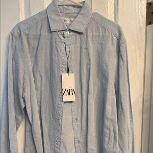 ZARA Men's Pale Blue Casual Button-Down Shirt
